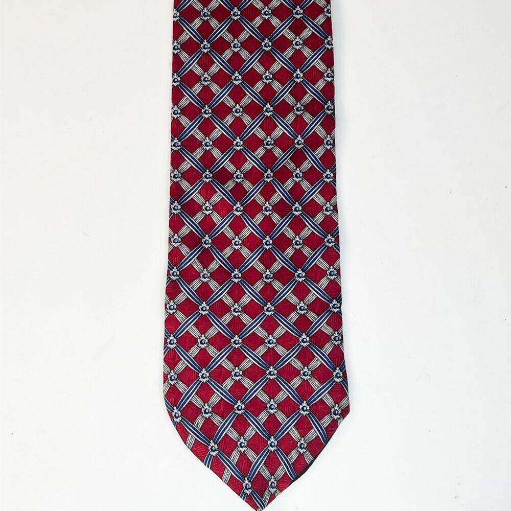 Puritan Geometric Diamond Print Mens Neck Tie Red Blue 100% Silk Made in USA